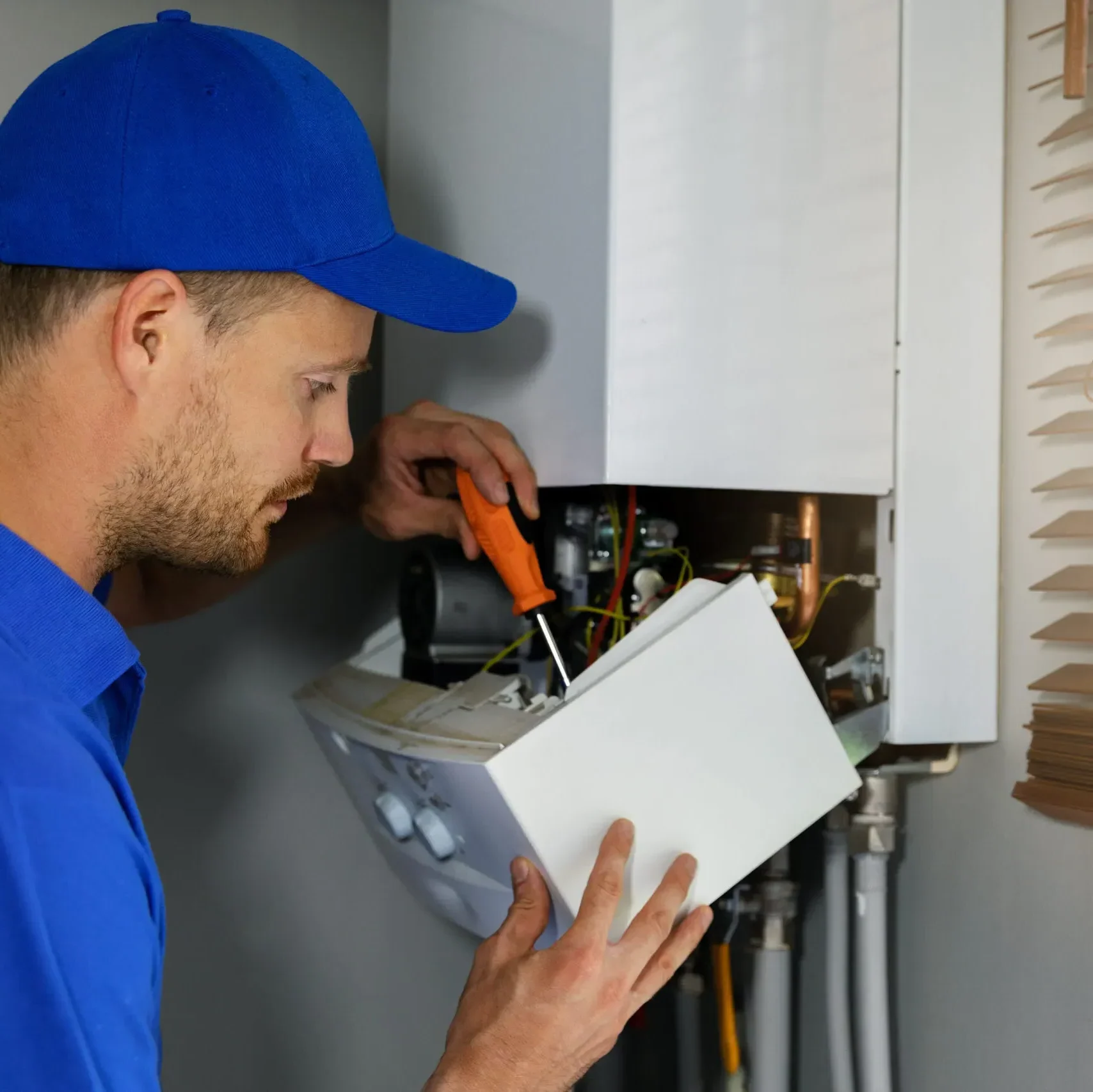 Heating repair Denver technician servicing furnace